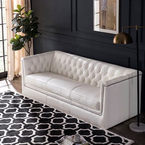 Maklaine Button Tufted Leather Sofa In White M 4960 2002980