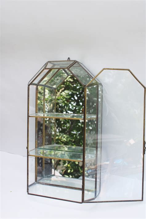 Vintage Brass Etched Glass Mirrored Display Case Small Curio Cabinet W Shelves