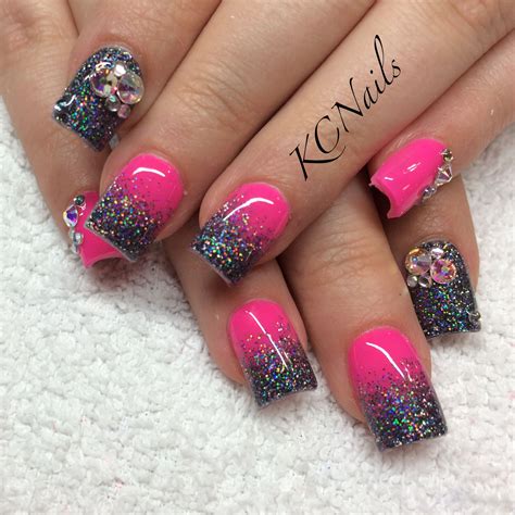 Hot Pink And Charcoal Grey Acrylic Nails Solidreverse Fade Nails With