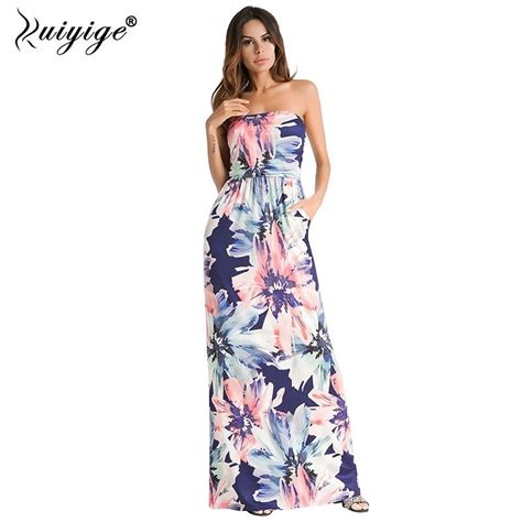 Ruiyige 2018 Summer Strapless Beach Long Dress Floral Print Sexy