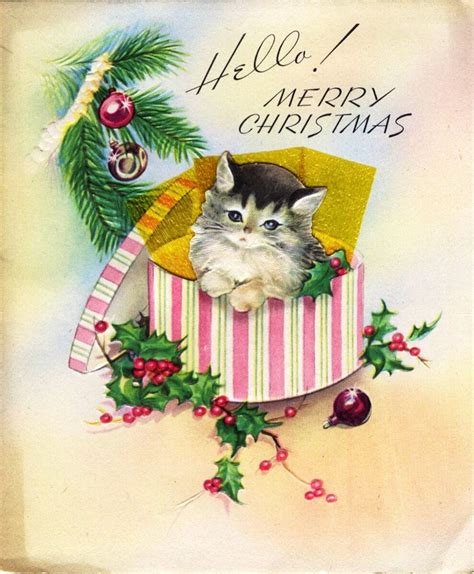 Hello Merry Christmas Sweet Vintage Kitty Vintage Christmas Cards