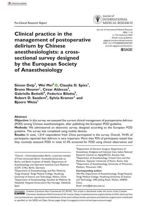 Pdf Clinical Practice In The Management Of Postoperative Delirium By Chinese Anesthesiologists