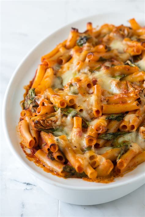 Simple Baked Ziti With Spinach Artichokes And Pesto