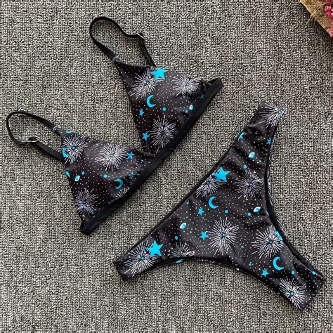 Muxilove New Swimsuit Sexy Stars Moon Print Ladies Split Bikini Two Pieces Bikini Sets 2019