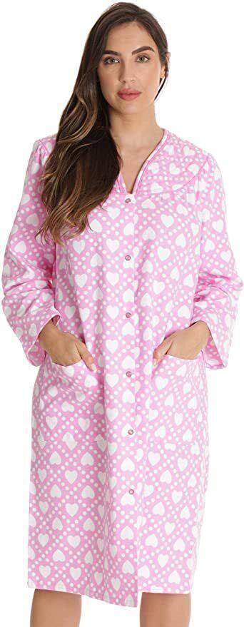 Womens Snap Front House Coat Flannel Duster Robe With Pockets Pink