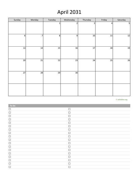 April 2031 Calendar With To Do List