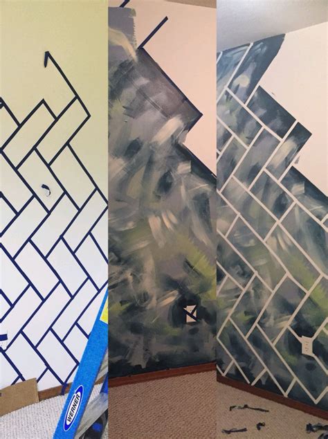 Abstract wall with herringbone bricks 1. Paint base 2 ... Paint a crazy colorful random design on a canvas, use tape to make a herringbone pattern, paint over the whole thing in.
