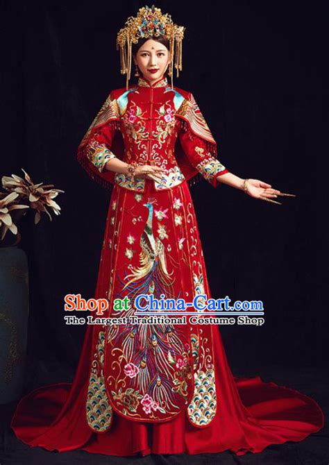 chinese traditional wedding costumes ancient bride embroidered phoenix peony diamante red xiuhe