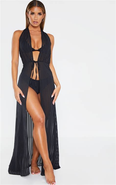Black Sheer Stripe Halterneck Maxi Beach Dress Prettylittlething Aus