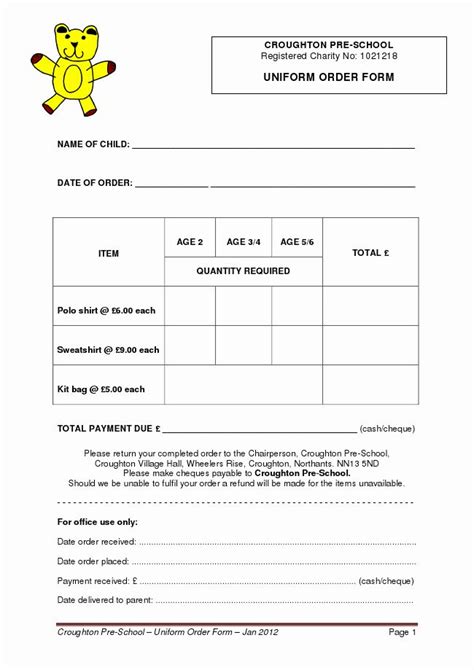 Pre Order Form Template Awesome Uniform Order Form Croughton Pre School