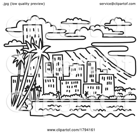 Waikiki Beach And Diamond Head In Honolulu Hawaii Usa Mono Line Art By