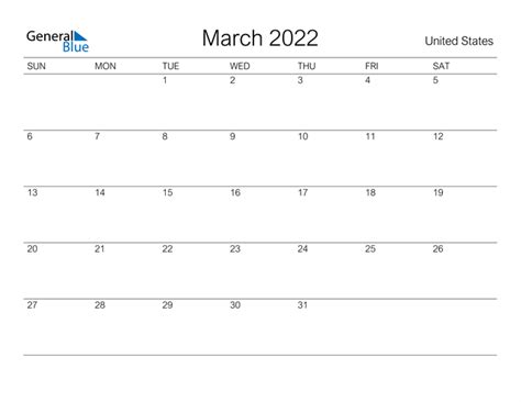 United States March 2022 Calendar With Holidays
