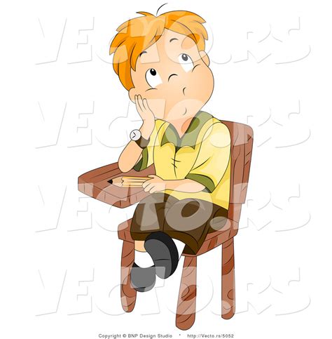 Cartoon Vector Of School Boy Sitting At His Desk While