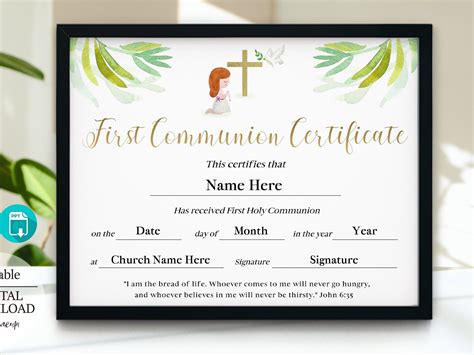 11x85 First Communion Certificate Template Editable Etsy