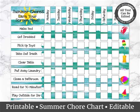 Summer Chore List For Kids Printable