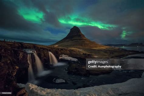 The Northern Lights Over The Mountain Kirkjufell Iceland High Res Stock