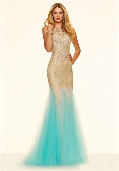 Plain wedding dress with a lace insert in the back of the skirt lace long sleeve dress with an open back to make a statement Unusual Slim Mermaid Backless Gold Lace Aqua Tulle Prom Dress