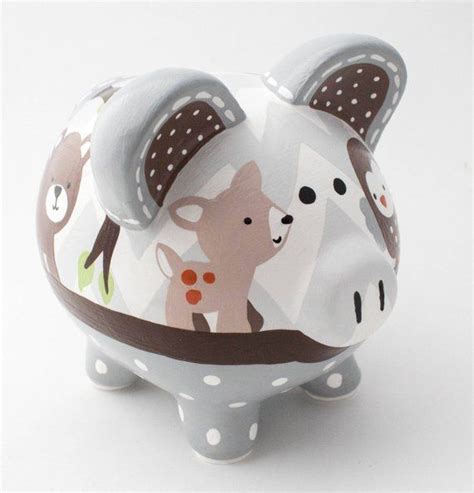 Chevron Forest Friends Personalized Piggy Bank In Grey And Etsy Grey