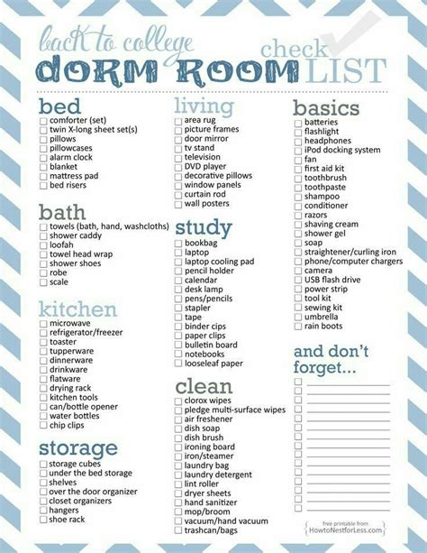 Free Printable Dorm Room Checklist