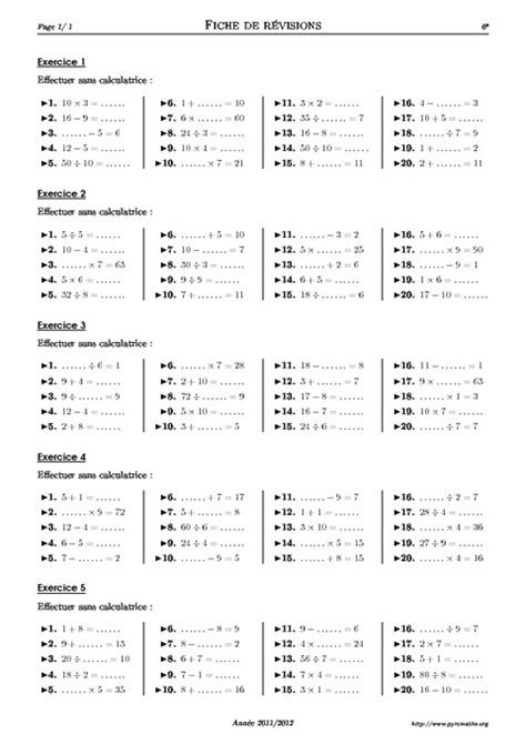 Calcul Mental 6ème Exercices Corrigés Mathématiques Collège