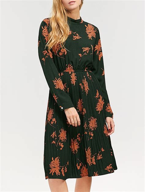 13 Off Long Sleeve Floral Pleated Midi Dress Rosegal