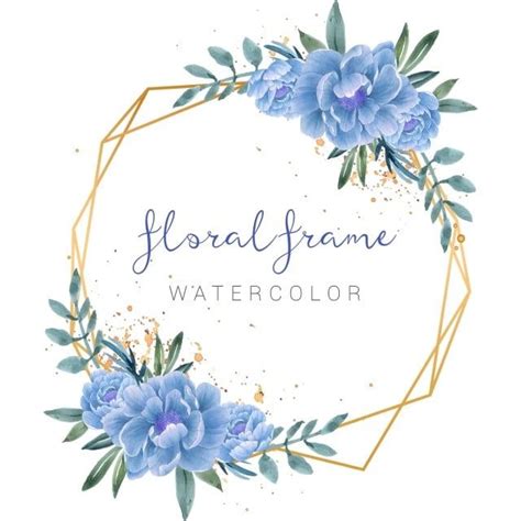 Elegante Marco Dorado Acuarela Flores Azules Ilustración Creativo