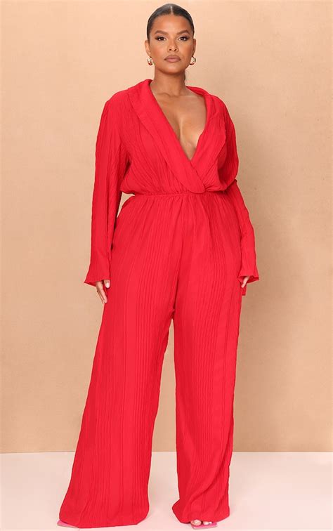 Plus Red Textured Wide Leg Jumpsuit Prettylittlething Usa