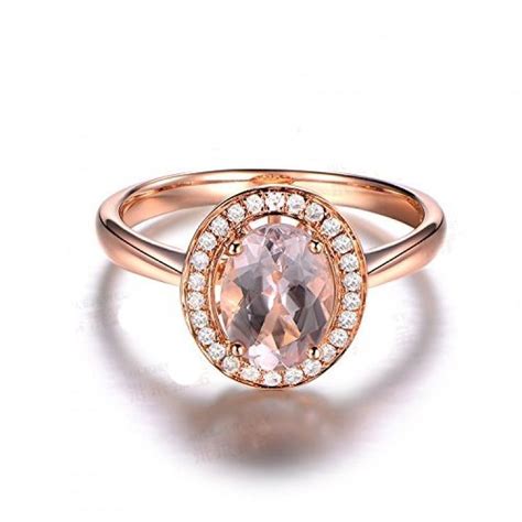 Oval Morganite Engagement Ring Pave Diamond Halo 14k Rose Gold 6x8mm
