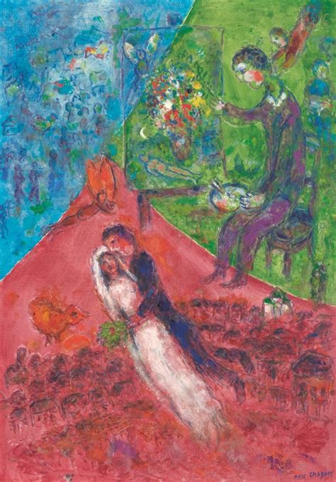 Marc Chagall Le peintre et les mariés aux trois couleurs 1984