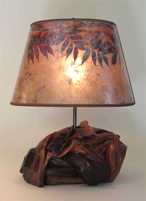The angled nature of this custom lampshade concentrates the light, making it ideal for smaller spaces. Rustic Antique Manzanita Burl lamp Oval mica ''Sunset ...