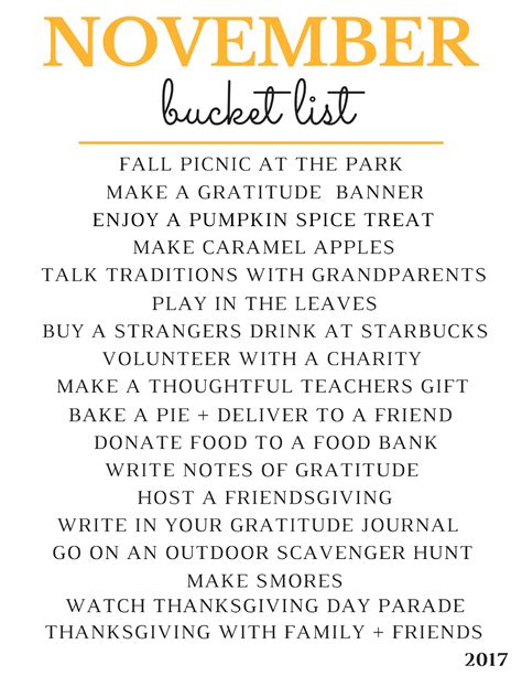 November Bucket List 2017 Fall Bucket List Bucket List November