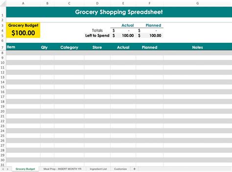 Grocery Shopping Budget List Excel Spreadsheet Template Works Etsy