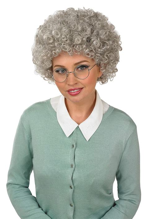 Buy Adults Old Lady Afro Wig Grey Hair Curly Granny Costume Accessory