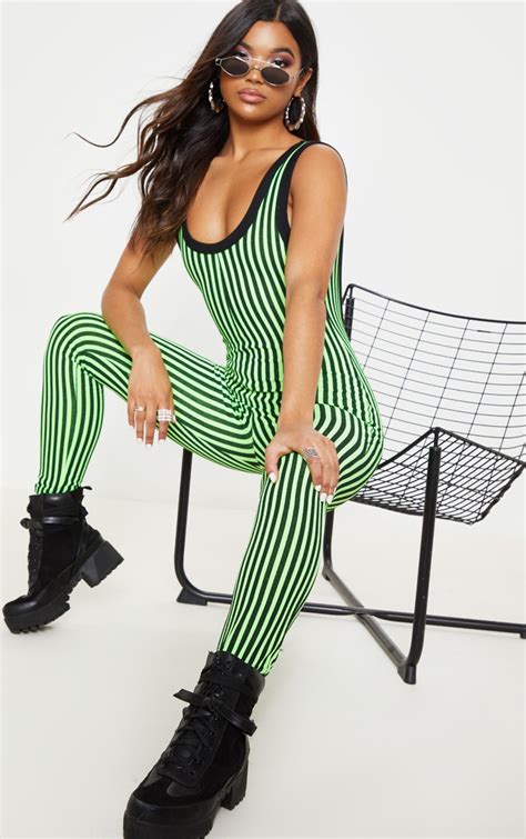 neon lime striped scoop back jumpsuit prettylittlething