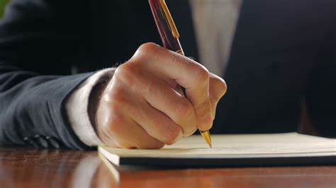 Closeup of business man writing in notebook with pen while sitting at a ...