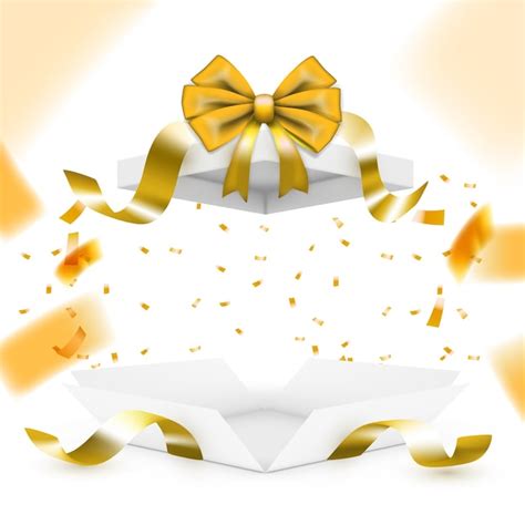 Premium Vector Realistic Surprise Gift Box With Golden Falling Confetti