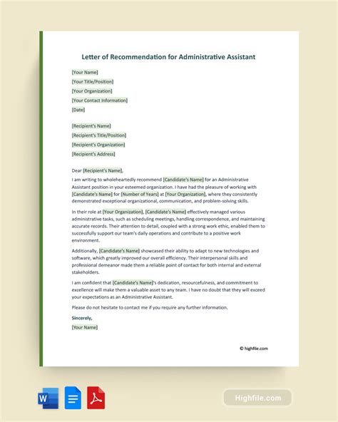 Letter of Recommendation for Administrative Assistant - Word | PDF