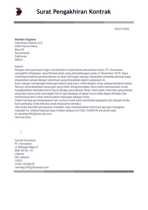 Surat Pemutusan Kontrak - Templat PDF | Jotform