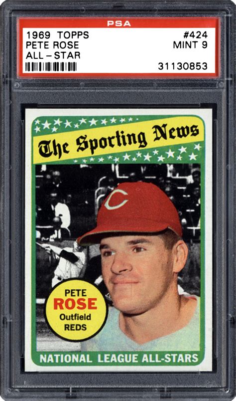 The player name and full team name are written in the left bottom corner. 1969 Topps Pete Rose (All-Star) | PSA CardFacts™
