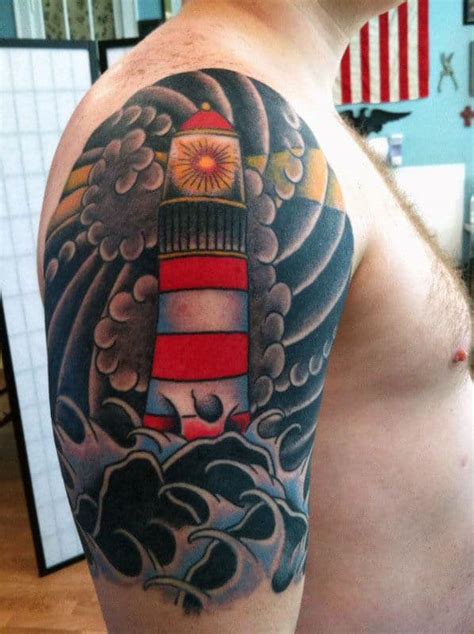 40 Traditional Lighthouse Tattoo Designs For Men Old School