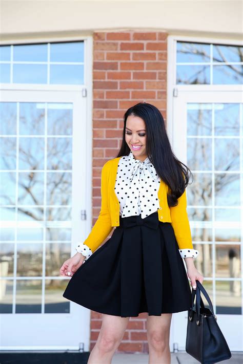 Polka Dot Bow Blouse Black Bow Skirt Mustard Cardigan 1 3 Stylish