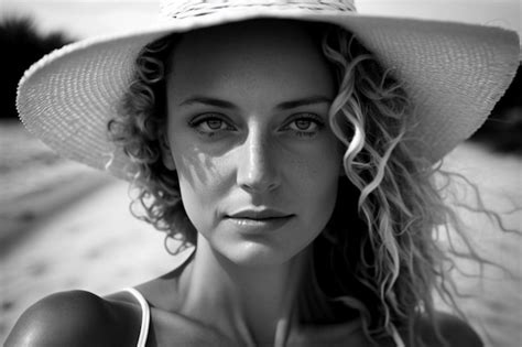 premium photo portrait of an adult woman on vacation in a hat black and white photo ai generation