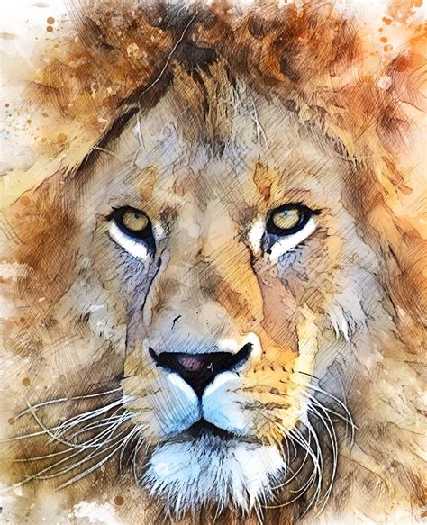Lion Watercolor Sketch Art Lion Face Drawing Wild Animal Etsy