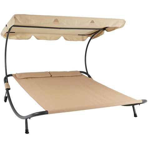Sunnydaze Outdoor Double Chaise Lounge Bed With Canopy Shade And Headrest Pillows Beige