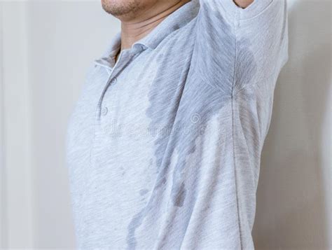 One Man Sweat Stain Perspire Drying Shirt Stock Image Image Of Shot