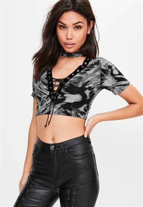 Lyst Missguided Black Washed Out Lace Up Crop Top In Black