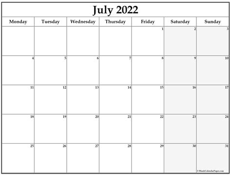 July 2022 Monday Calendar Monday To Sunday