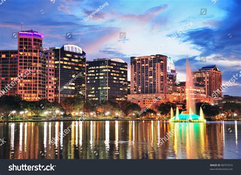 Orlando Downtown Skyline Over Lake Eola At Dusk With Urban Skyscrapers