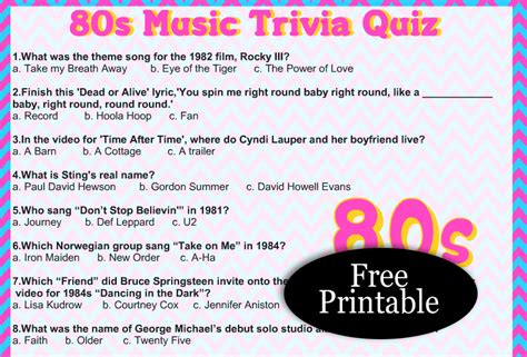 Free Printable 80s’ Music Trivia Quiz with Answer Key