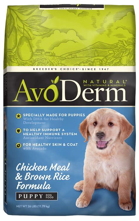 This dry puppy food recipe is made with real lamb as the first ingredient followed by real fruits and vegetables including peas, garbanzo beans. AvoDerm Natural Chicken Meal and Brown Rice Formula Puppy ...